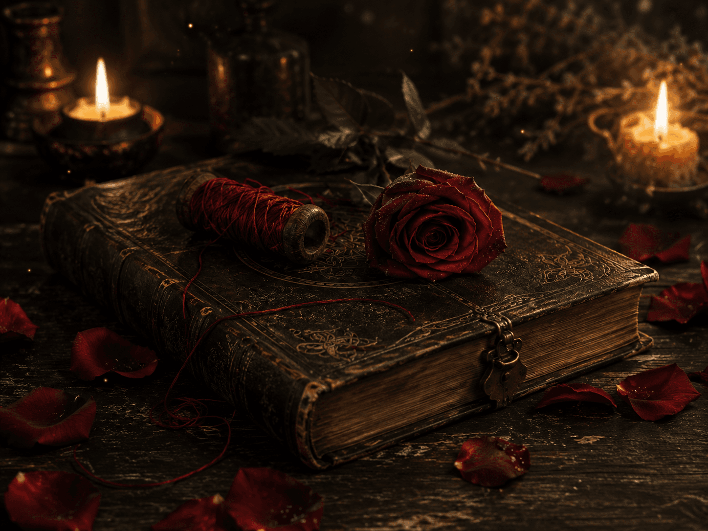 A candlelit spell book with a red rose and red thread on a wooden table.
