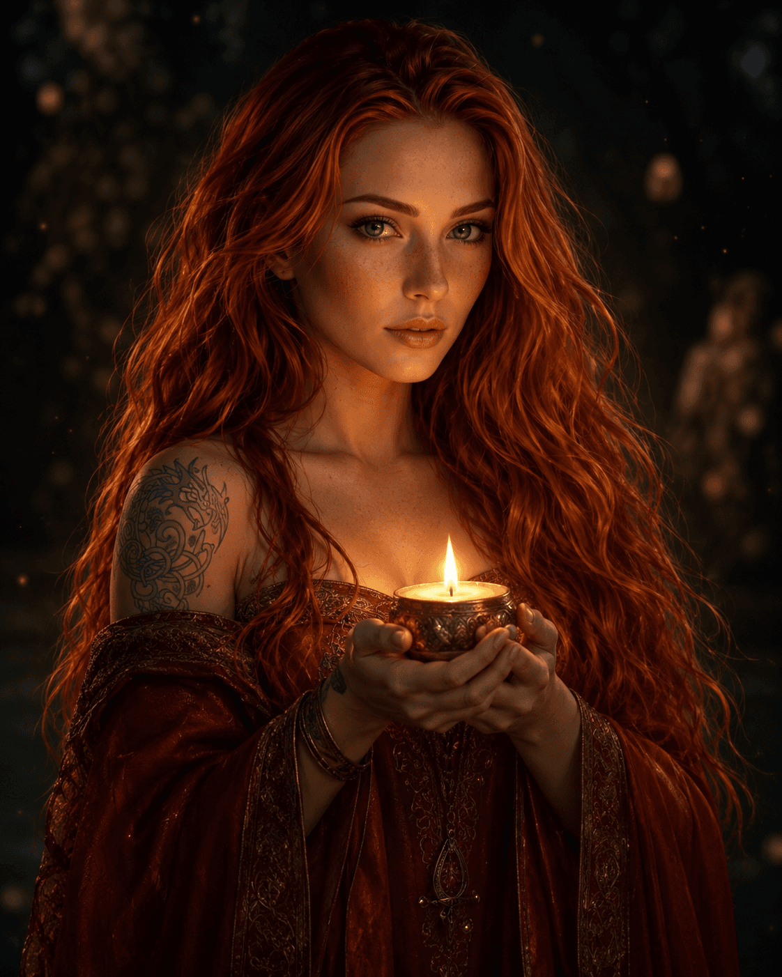 Lady Ayana holding a small candle in warm red and gold light.