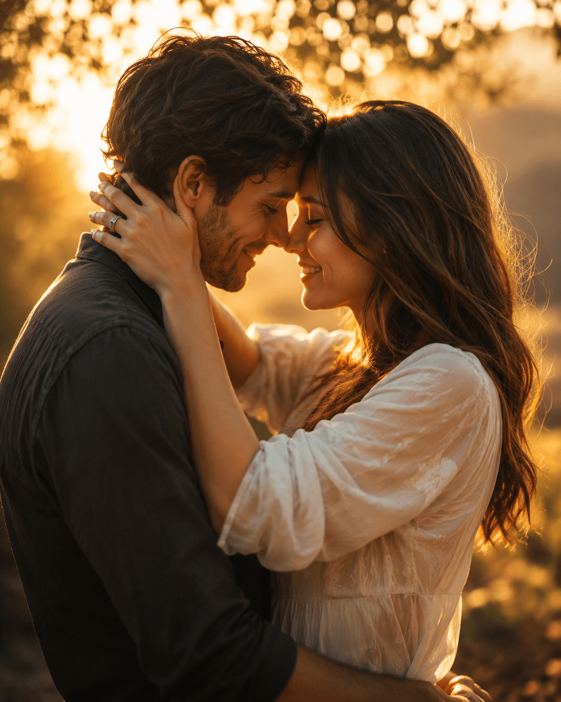 A reunited couple holding each other close in warm golden light.