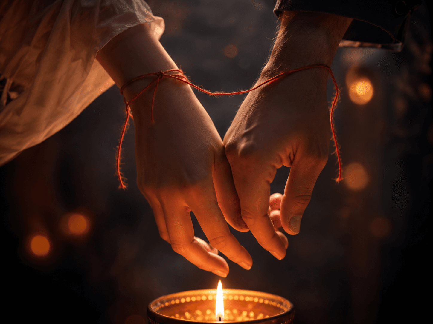 Two hands loosely tied with a red thread above candlelight.
